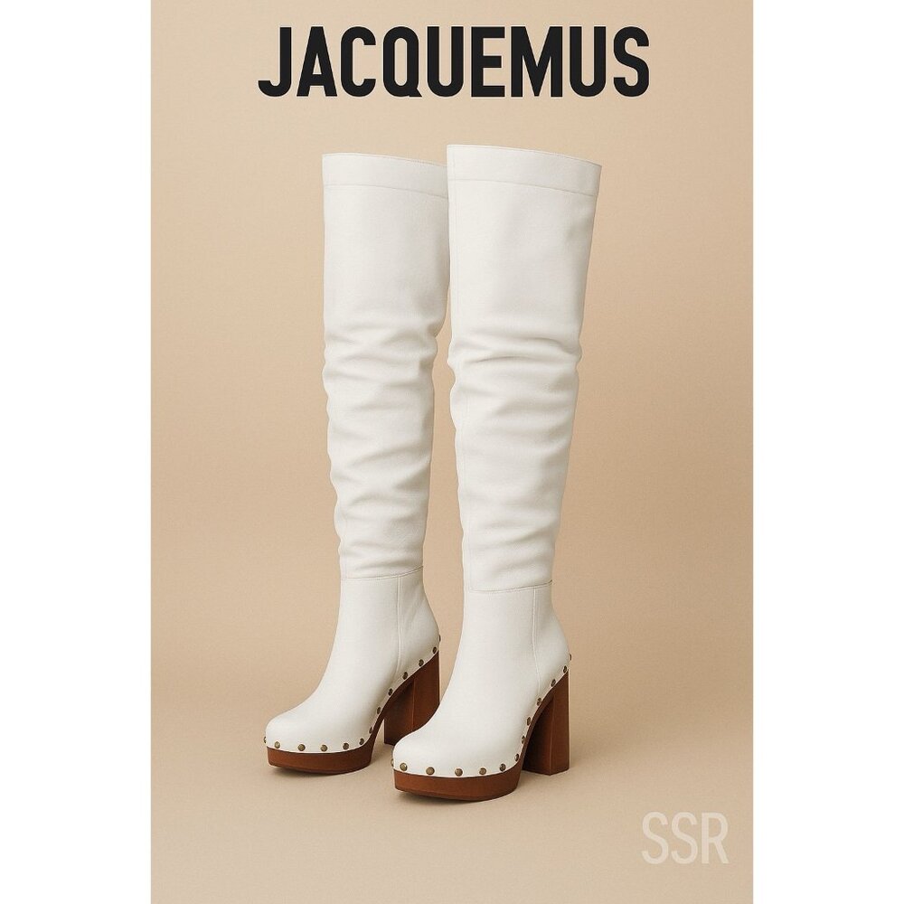 Jacquemus Les Bottes Sabots Hautes Over-the-Knee Boots White Leather Clog Heel U
